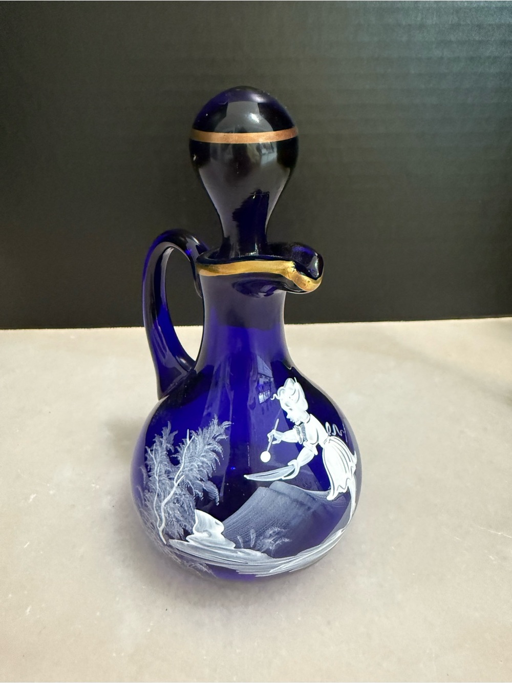 Vintage Fenton Mary Gregory Hand Painted Cobalt Blue Cruet Girl w/Bird